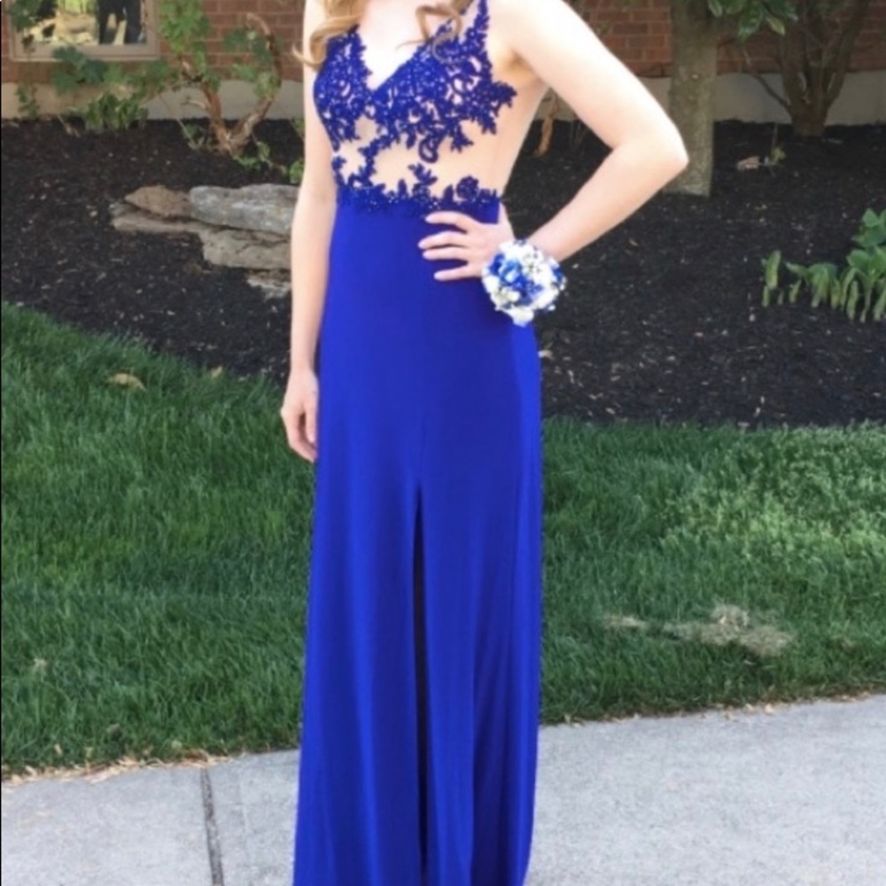 Blue mesh prom dress